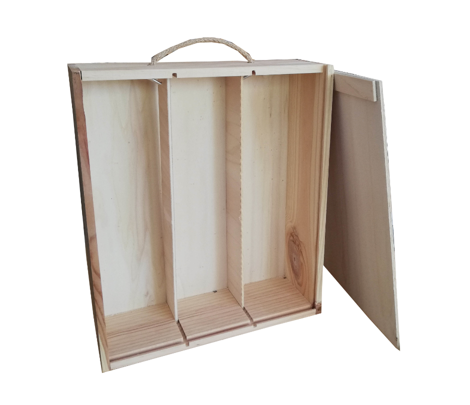 Caja de MADERA para 3 BOTELLAS de CAVA-VINO con tapa corredera